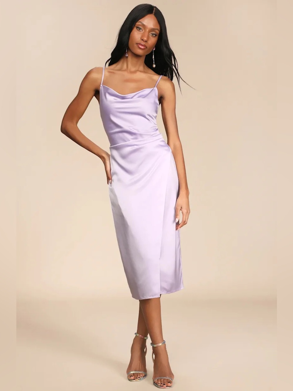 Lulus Hollywood Woman Lilac Purple Satin Cowl‎ Neck Midi Slip Dress  size M